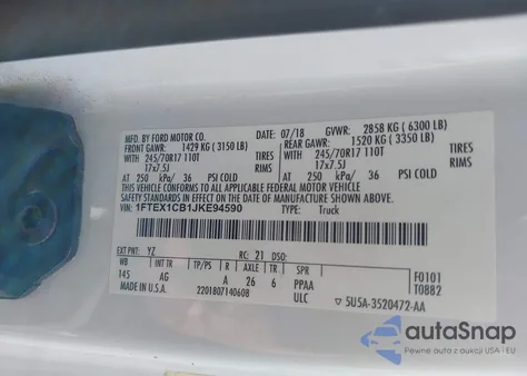 2018 Ford F-150 Xl из США, поврежденный, VIN 1FTEX1CB1JKE94590